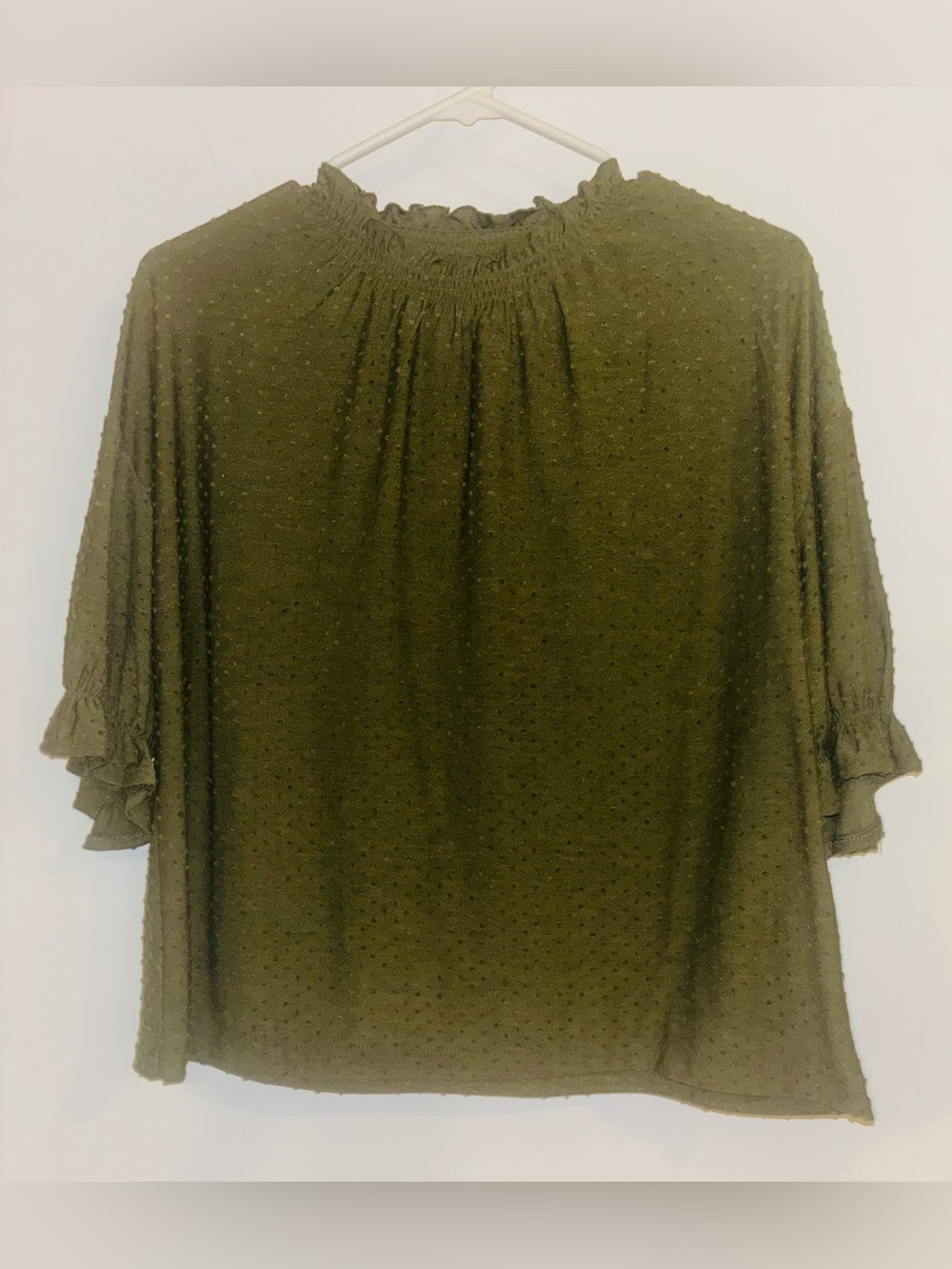 Madewell Olive Green Smocked Neck Dot-Textured Blouse